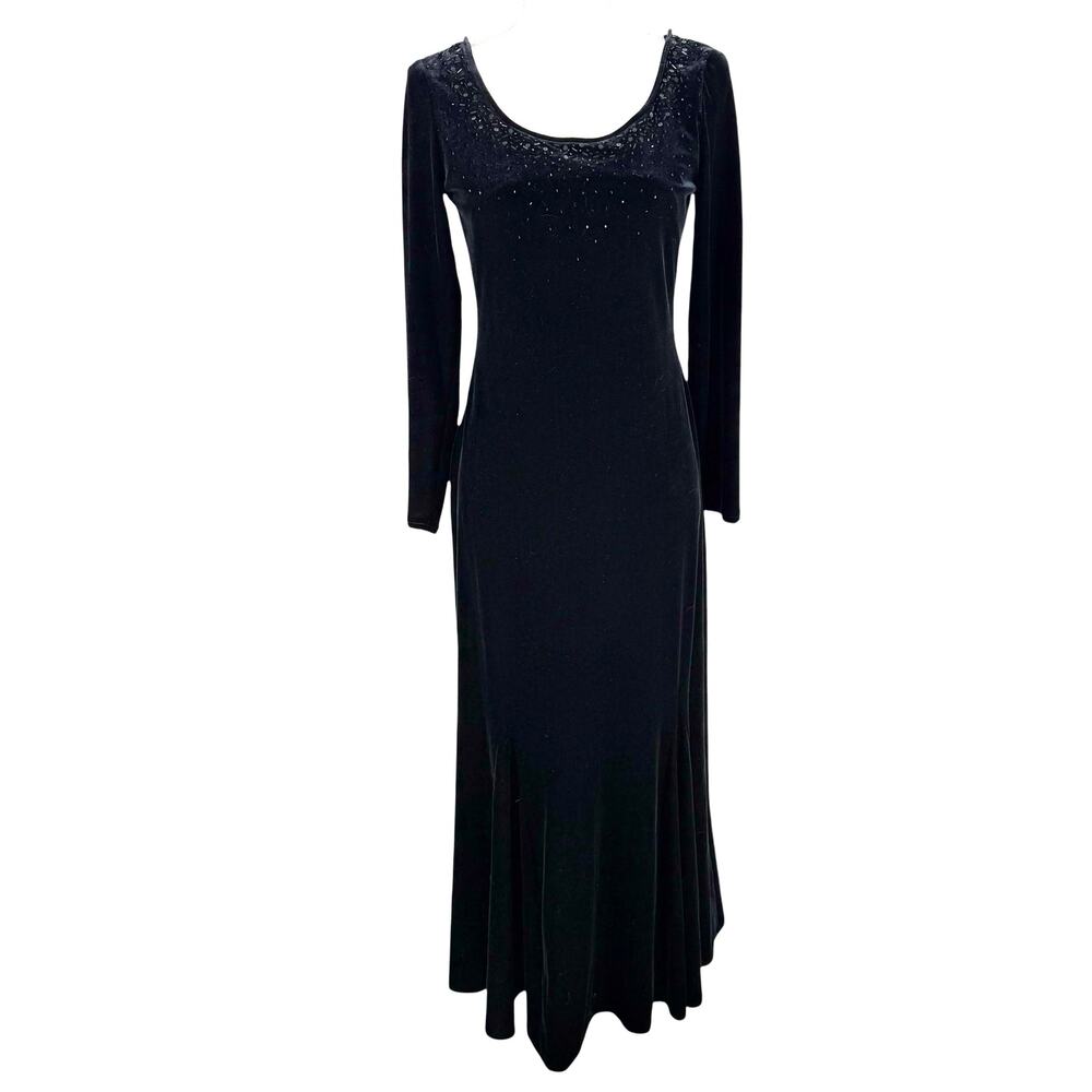 Vintage Y2K Black Stretch Velvet Maxi Dress Size 6P Beaded Whimsigoth Formal